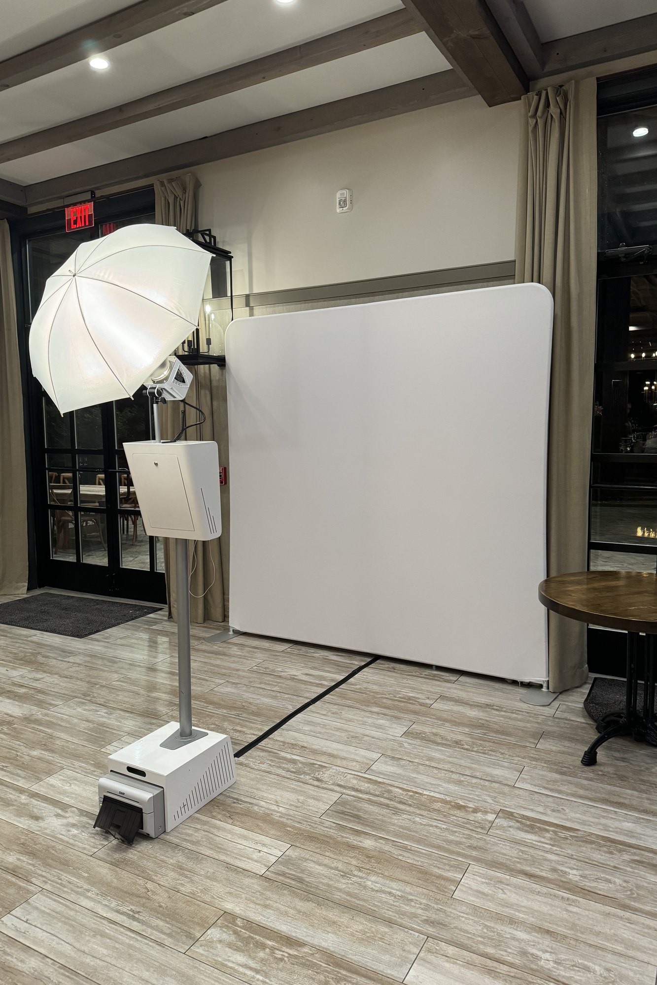 The booth built and lit in a venue before the guests arrive