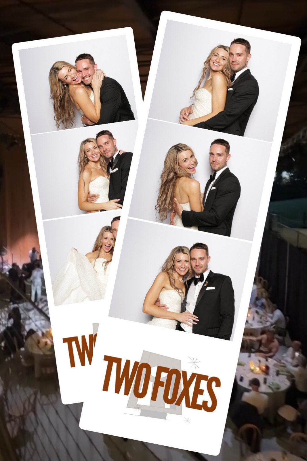 A guest holding two printed photo strips at a wedding reception